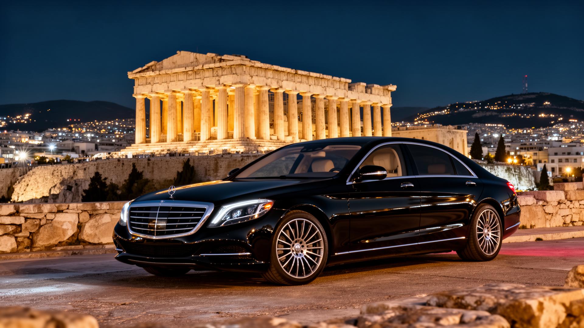 Mercedes S-Class in front of the Acropolis at night