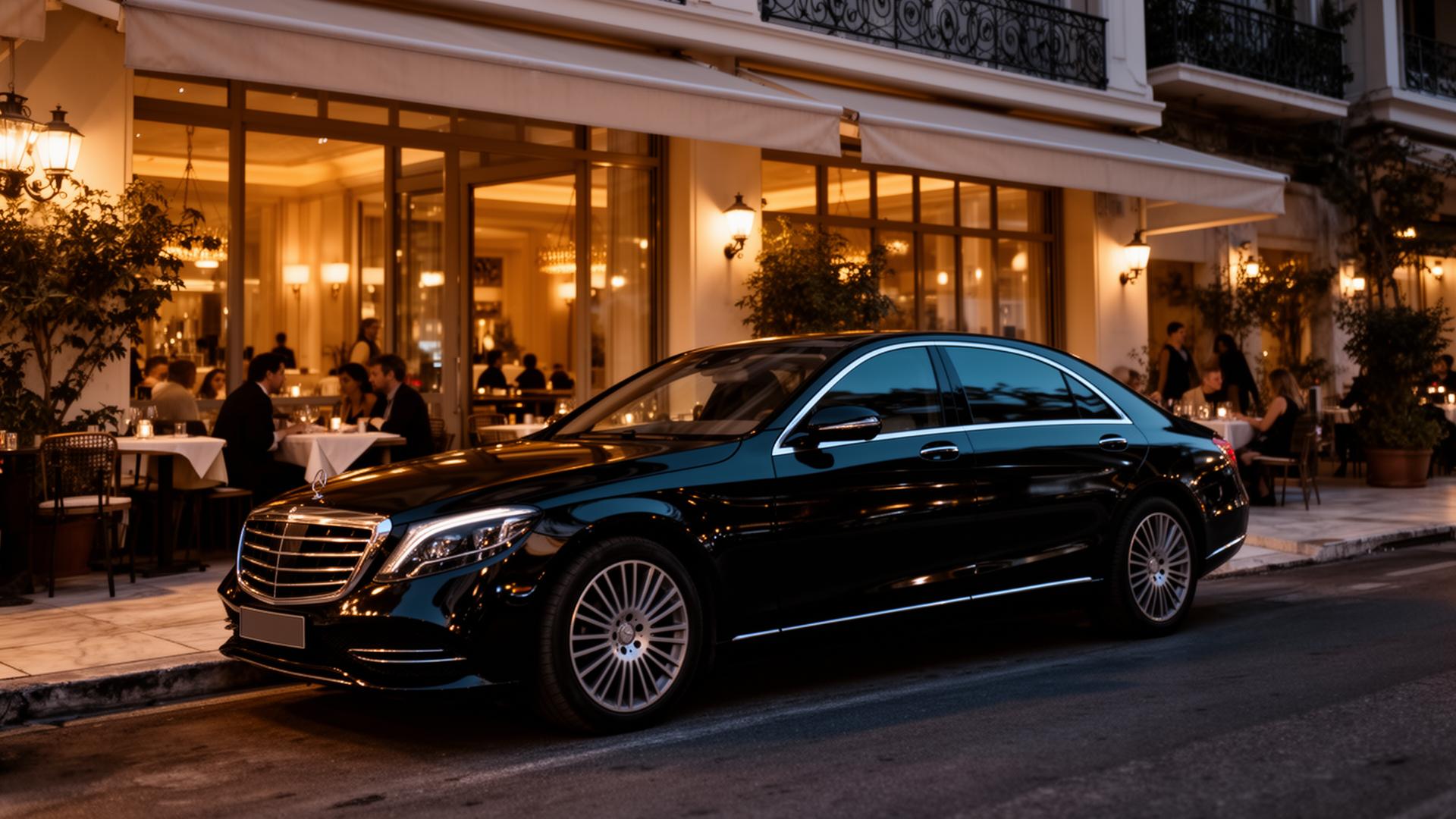 Luxury Mercedes sedan outside Athens restaurant at night