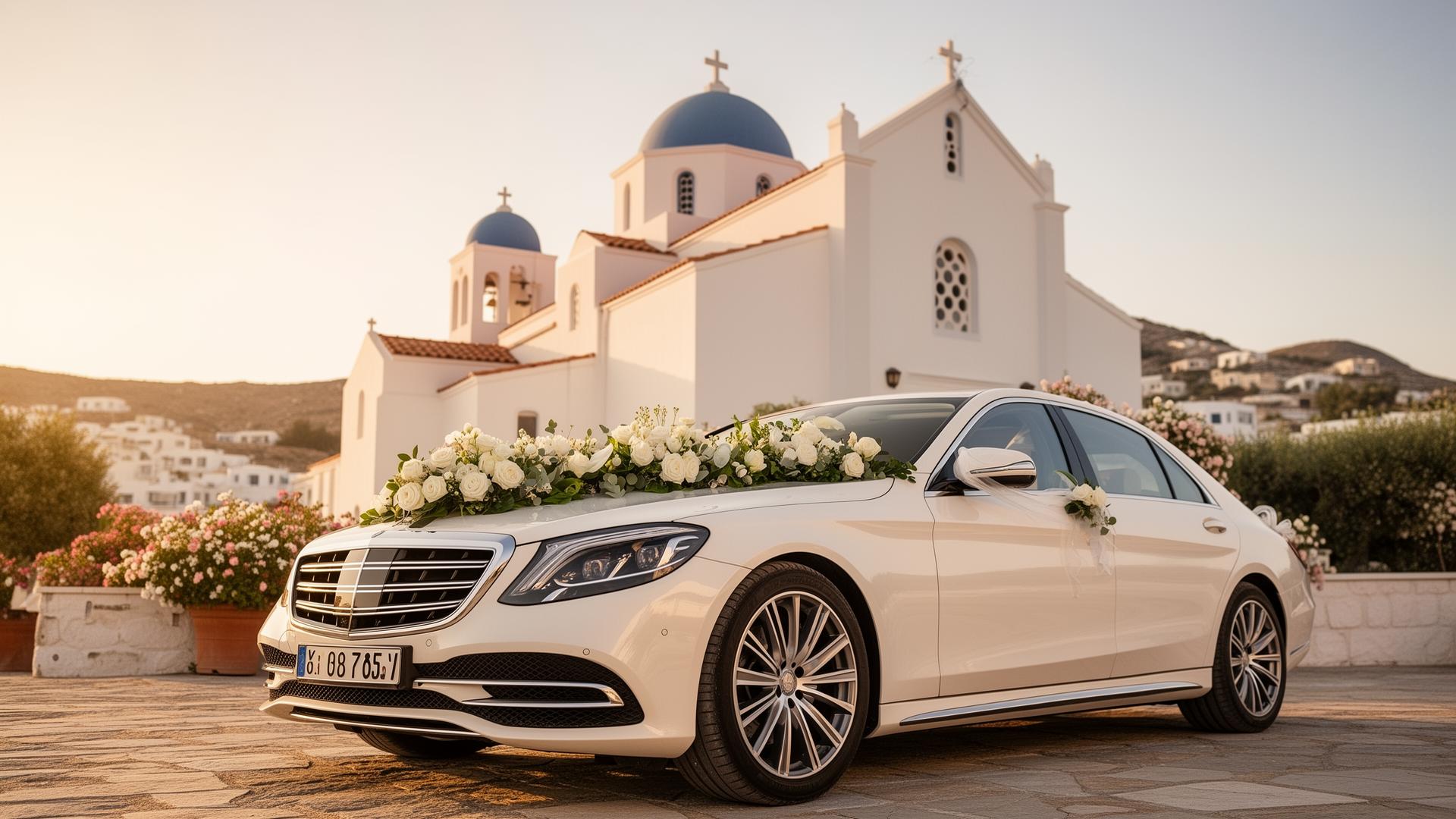 Decorated white Mercedes for wedding transportation in Greece