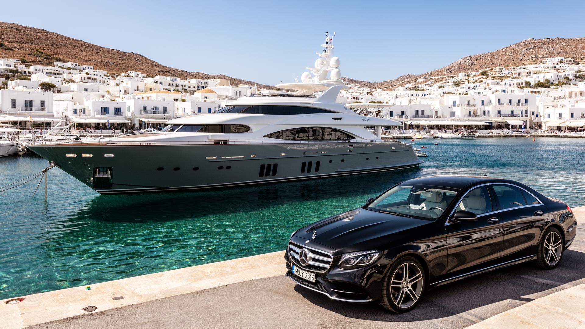 Mercedes sedan at Greek marina for yacht client transfer